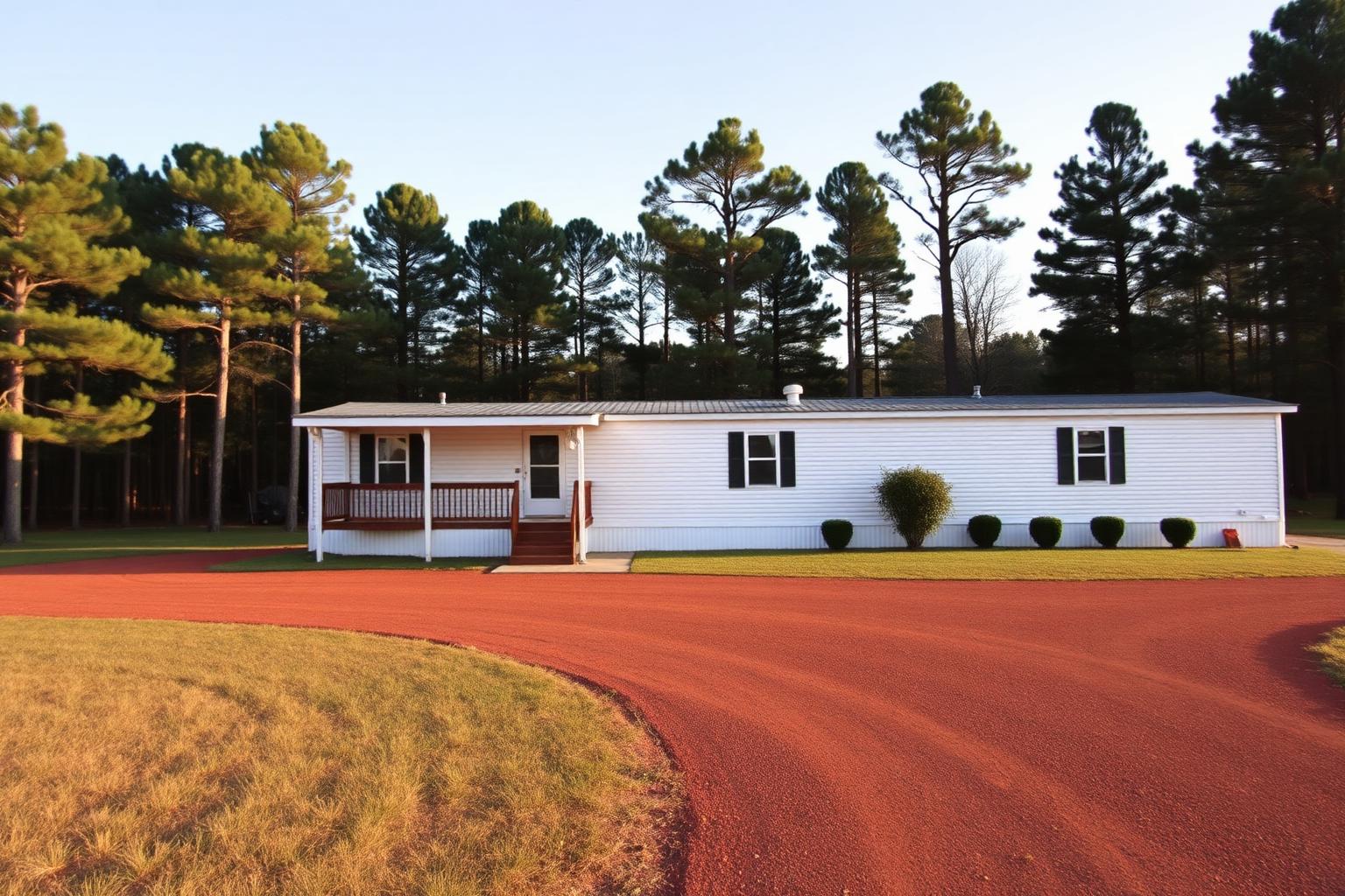 A double-wide manufactured home on a rural Mississippi lot with pine trees and a red clay driveway